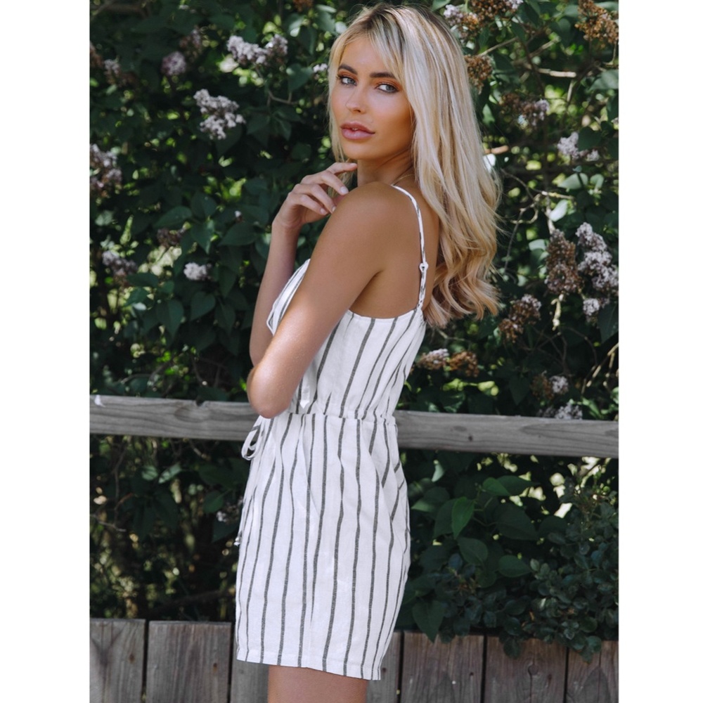 Cotton Striped Button Front Cami Short Romper - Picture 2 of 7